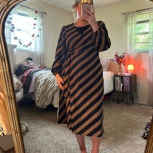Black & Brown Striped Midi Dress